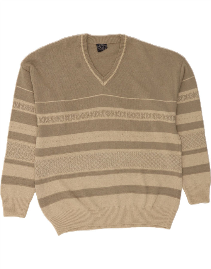VINTAGE Mens V-Neck Jumper Sweater XL Grey Striped Acrylic Vintage Vintage and Second-Hand Vintage from Messina Hembry 