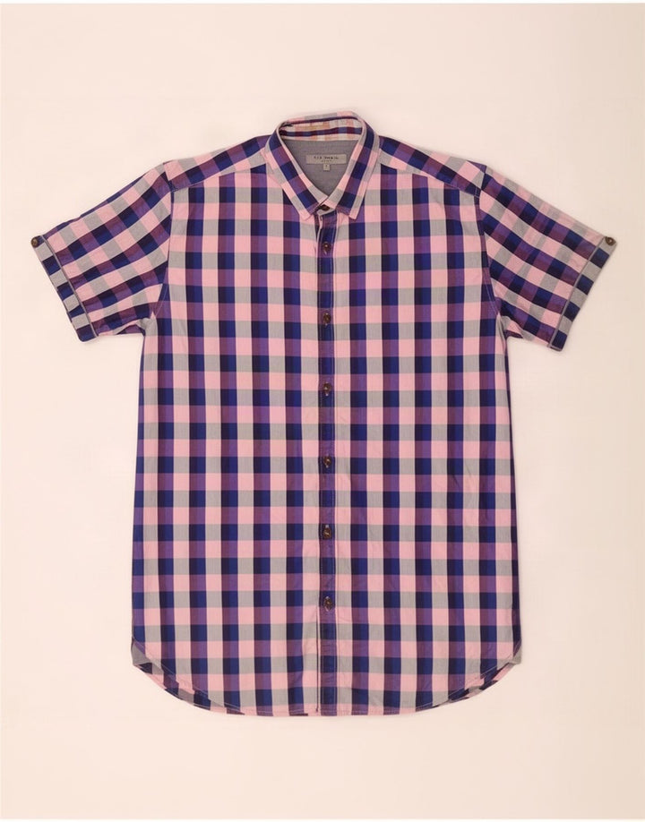 Camisa masculina de manga curta Ted Baker tamanho 3 médio algodão xadrez multicolorido