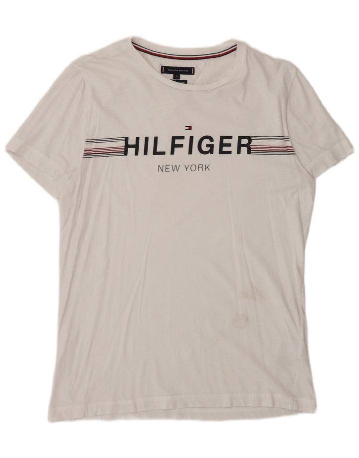 Tommy Hilfiger Camiseta masculina gráfica Top médio algodão branco