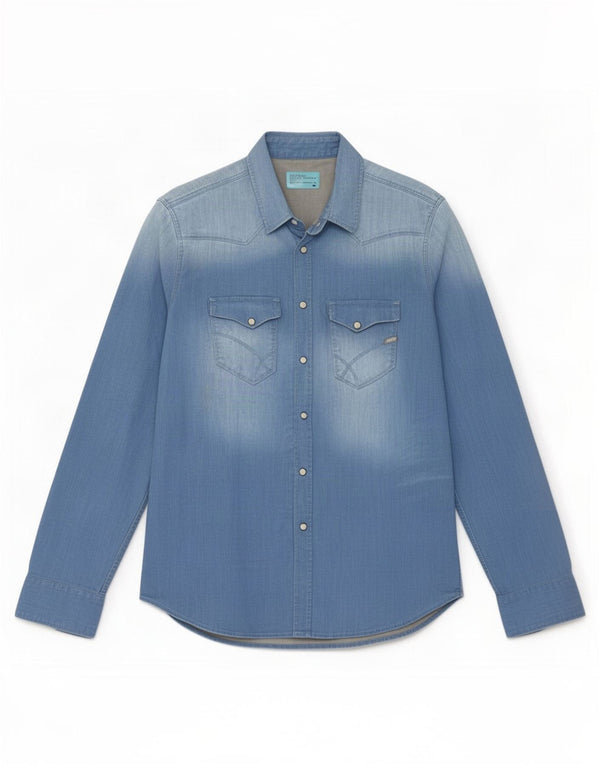 Camisa jeans masculina vintage grande algodão azul