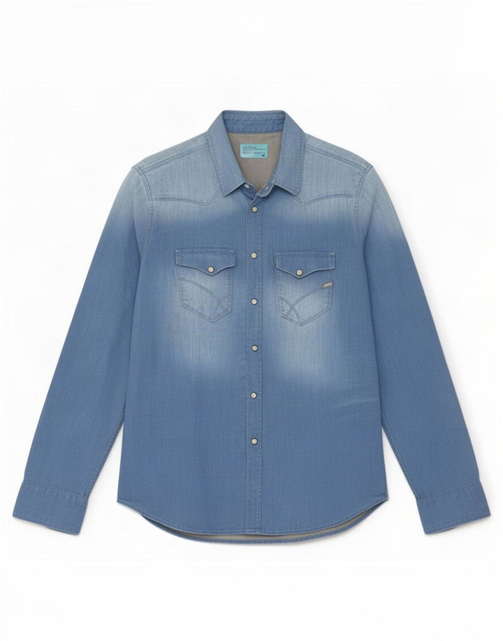 Camisa jeans masculina vintage grande algodão azul