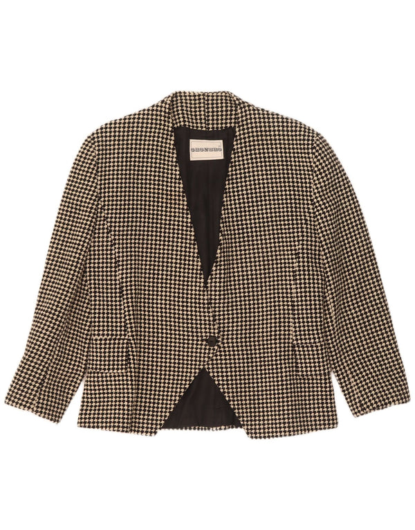 Jaqueta blazer feminina vintage com 1 botão Reino Unido 14 lã houndstooth preta média