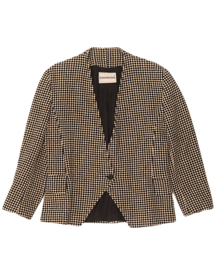 Jaqueta blazer feminina vintage com 1 botão Reino Unido 14 lã houndstooth preta média