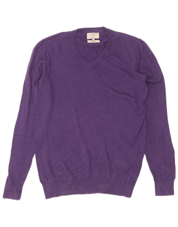 Suéter masculino Marks & Spencer com ajuste regular e decote em V de algodão roxo médio