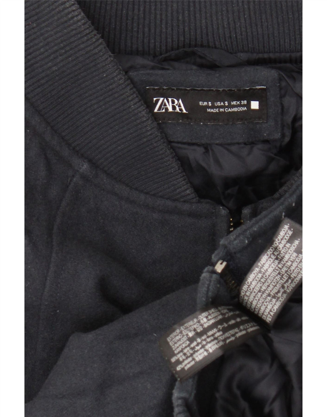 Jaqueta bomber masculina Zara Loose Fit Reino Unido 36 pequena lã azul marinho