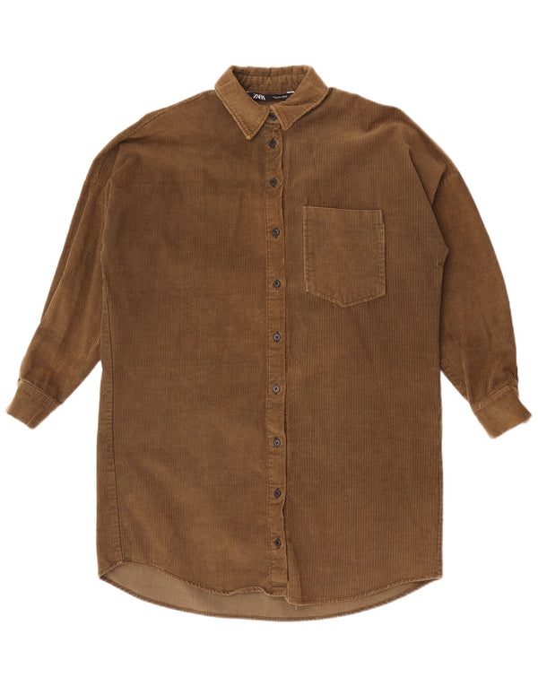 Zara vestido feminino oversized manga comprida veludo cotelê Reino Unido 10 pequeno cáqui