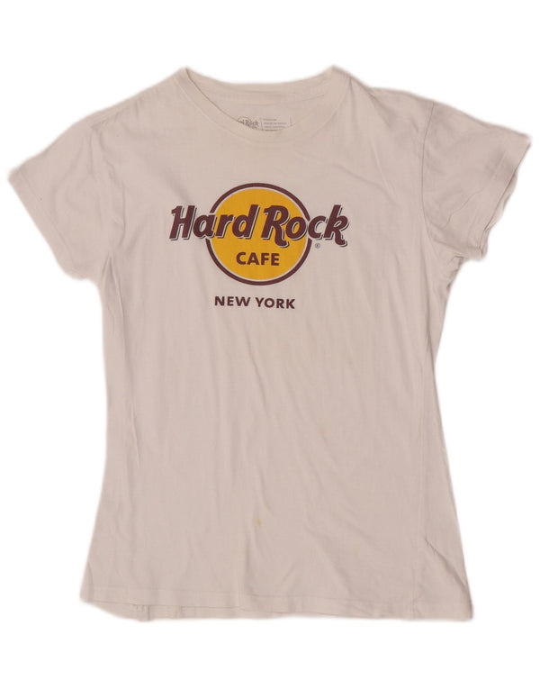 Camiseta feminina Hard Rock Cafe New York Graphic Top UK 12 Médio Branco