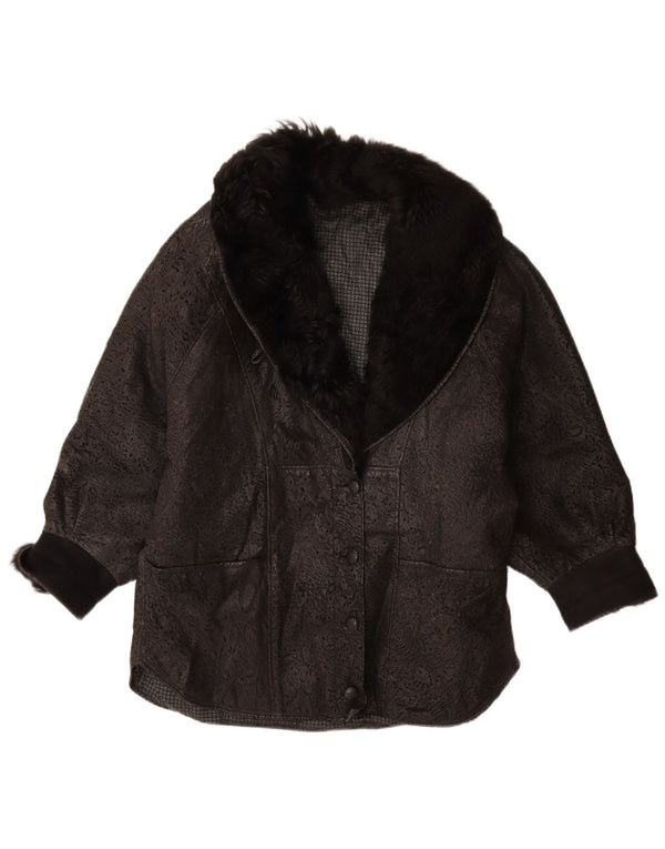 Jaqueta de couro superdimensionada feminina vintage IT 46 couro preto grande