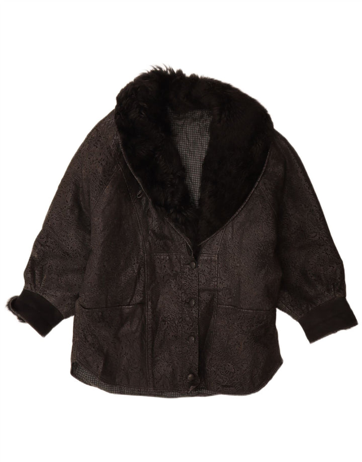 Jaqueta de couro superdimensionada feminina vintage IT 46 couro preto grande