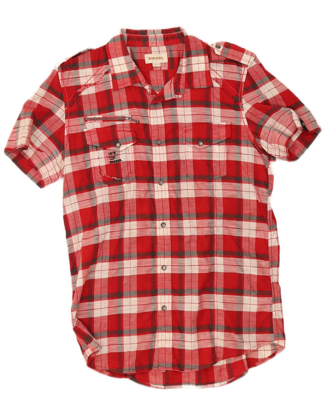 Camisa militar masculina diesel de manga curta, algodão xadrez vermelho médio