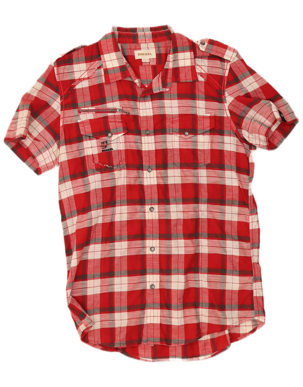 Camisa militar masculina diesel de manga curta, algodão xadrez vermelho médio
