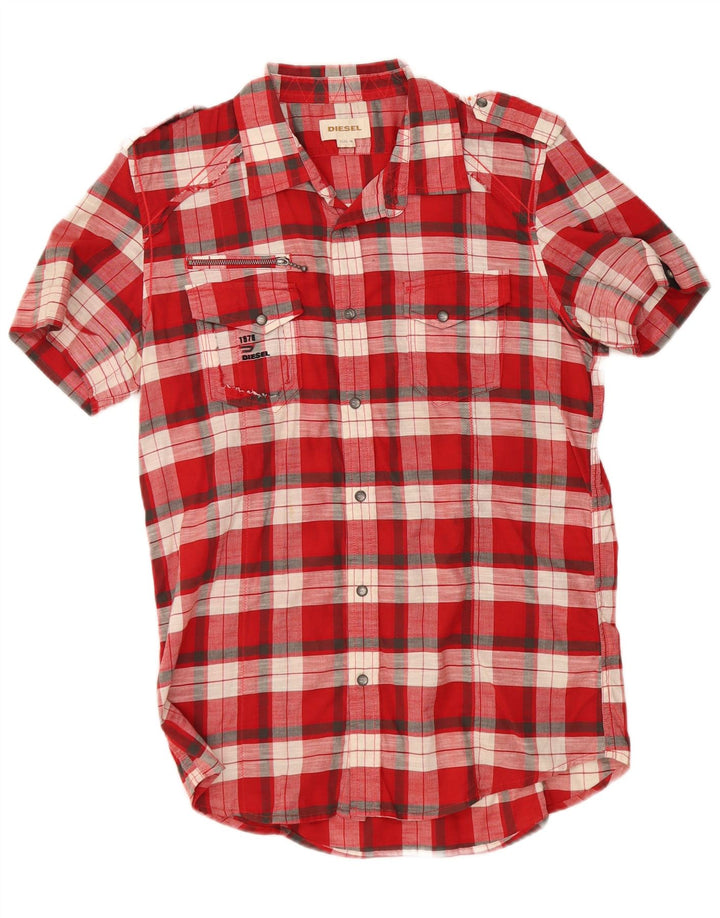 Camisa militar masculina diesel de manga curta, algodão xadrez vermelho médio