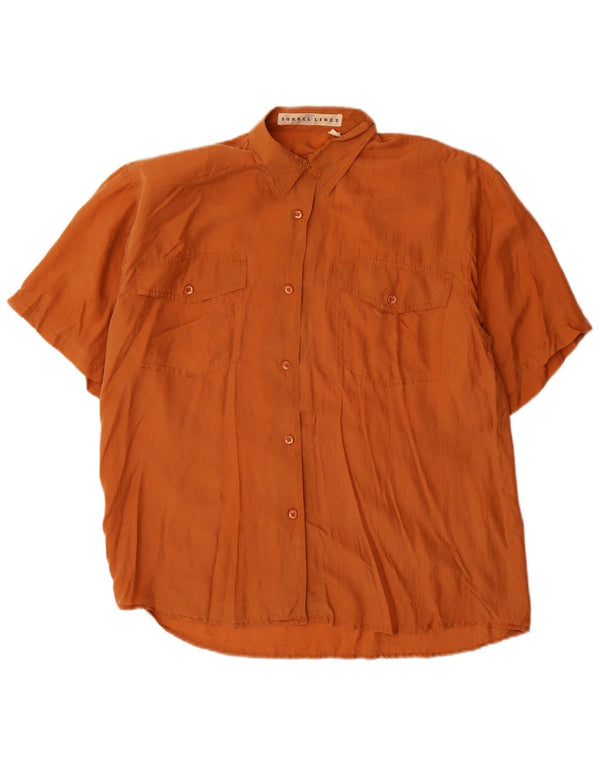 Camisa feminina vintage de manga curta UK 14 seda marrom média