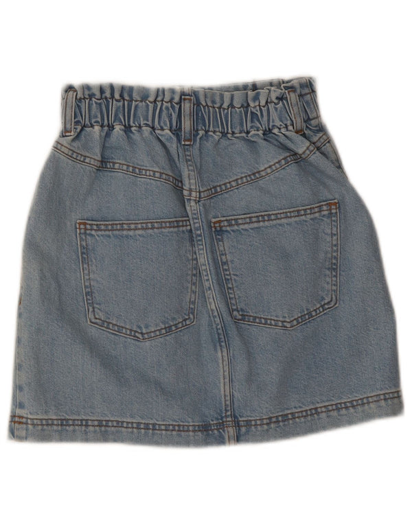 Saia jeans feminina de cintura alta Topshop UK 8 pequena W24 algodão azul