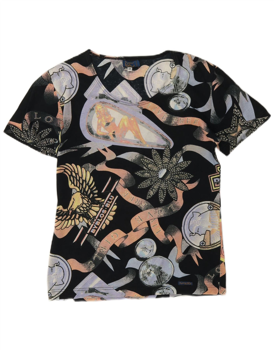 Camiseta feminina gráfica Byblos UK 12 algodão multicolorido médio