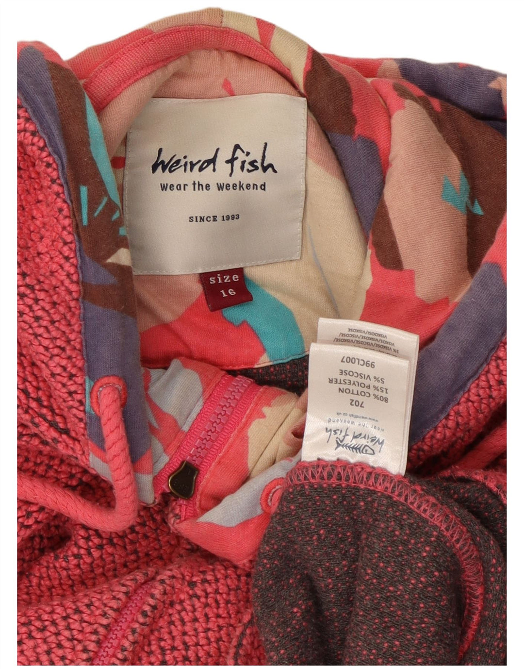 Suéter feminino com capuz e zíper WEIRD FISH Reino Unido 16 grande algodão rosa