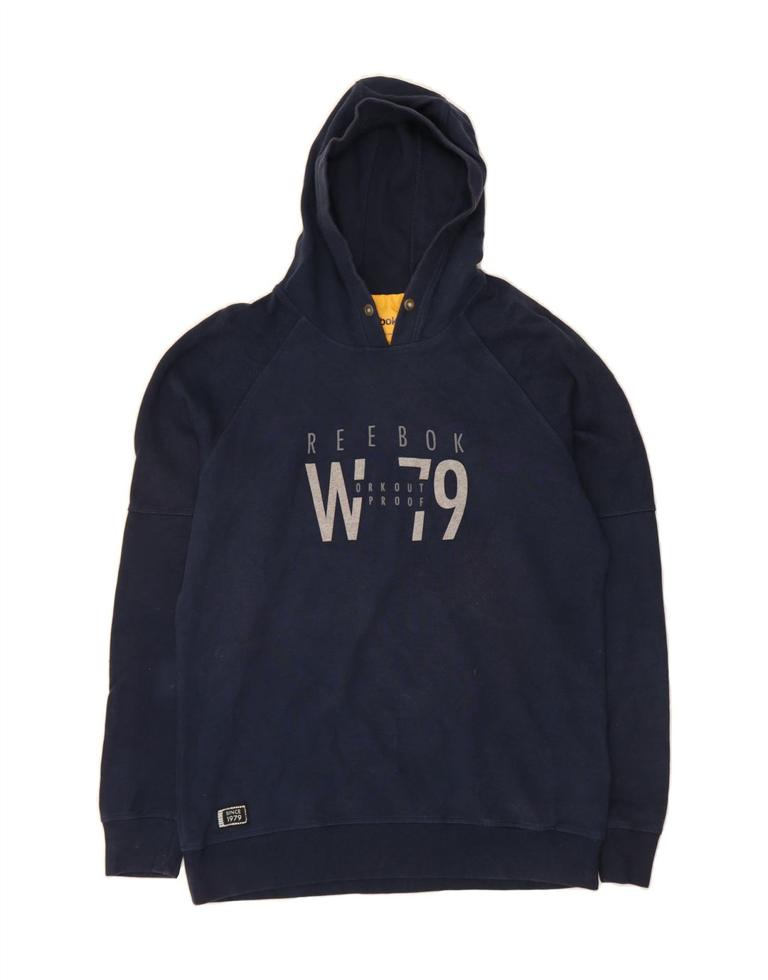 REEBOK Mens Graphic Hoodie Jumper Large Navy Blue Cotton Vintage Reebok and Second-Hand Reebok from Messina Hembry 