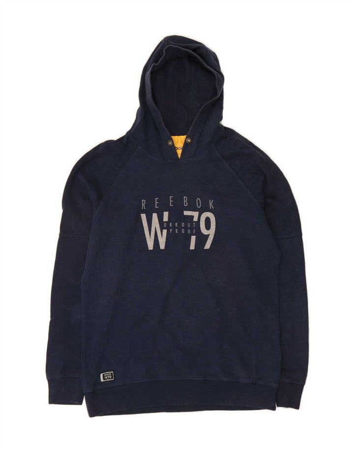 REEBOK Mens Graphic Hoodie Jumper Large Navy Blue Cotton Vintage Reebok and Second-Hand Reebok from Messina Hembry 