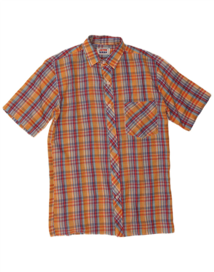 Camisa masculina vintage de manga curta em poliéster xadrez pequeno laranja