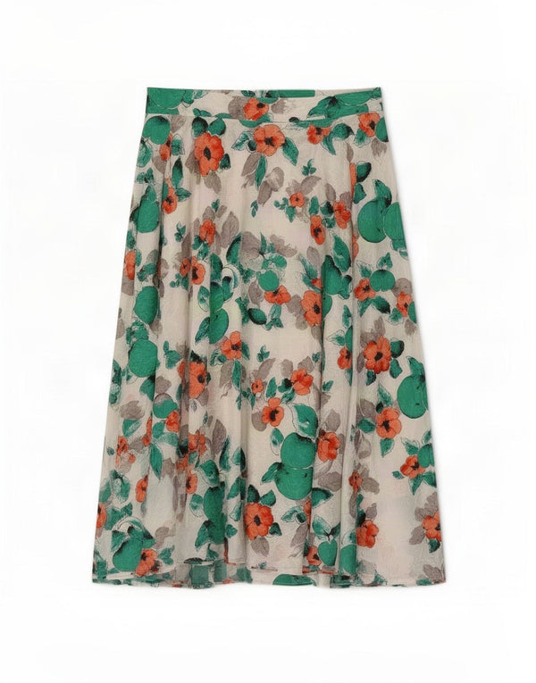 Saia feminina Madeleine cintura alta larga IT 42 médio W30 branco floral