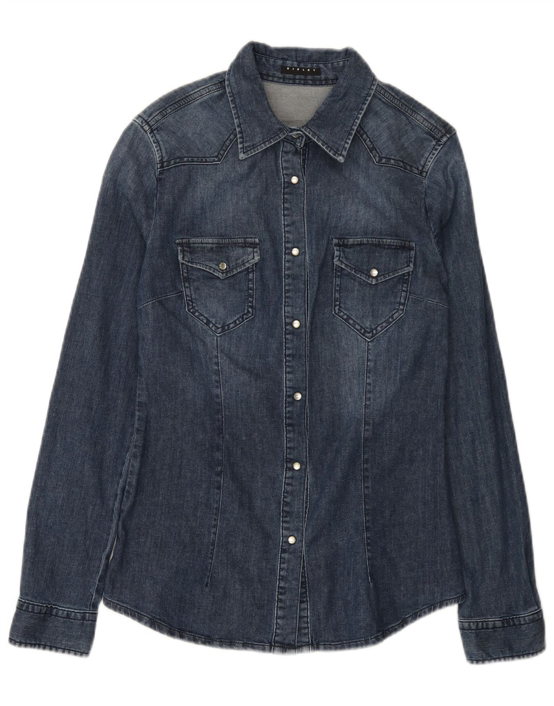Camisa jeans feminina Sisley UK 10 pequena azul marinho