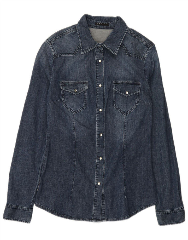 Camisa jeans feminina Sisley UK 10 pequena azul marinho