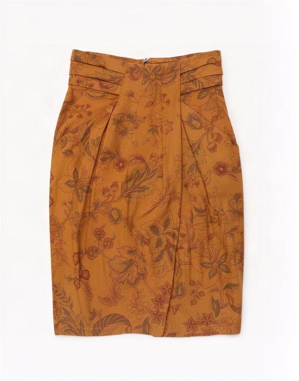 Saia lápis feminina de cintura alta Marella Reino Unido 10 pequena W25 viscose floral marrom
