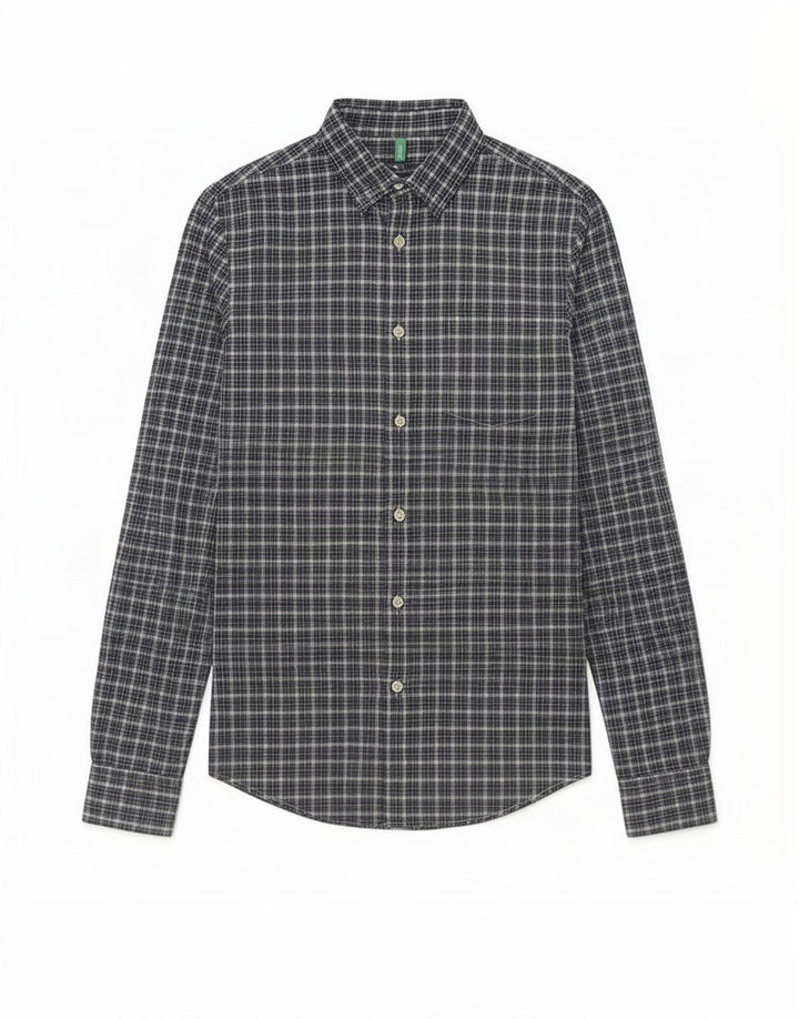 Camisa masculina Benetton pequena xadrez azul algodão
