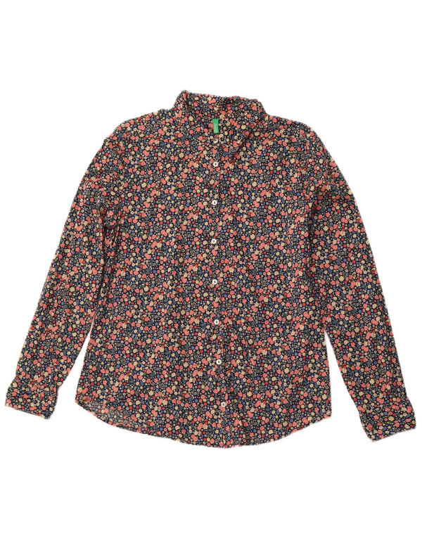 Camisa feminina BENETTON UK 14 média de algodão floral multicolorido
