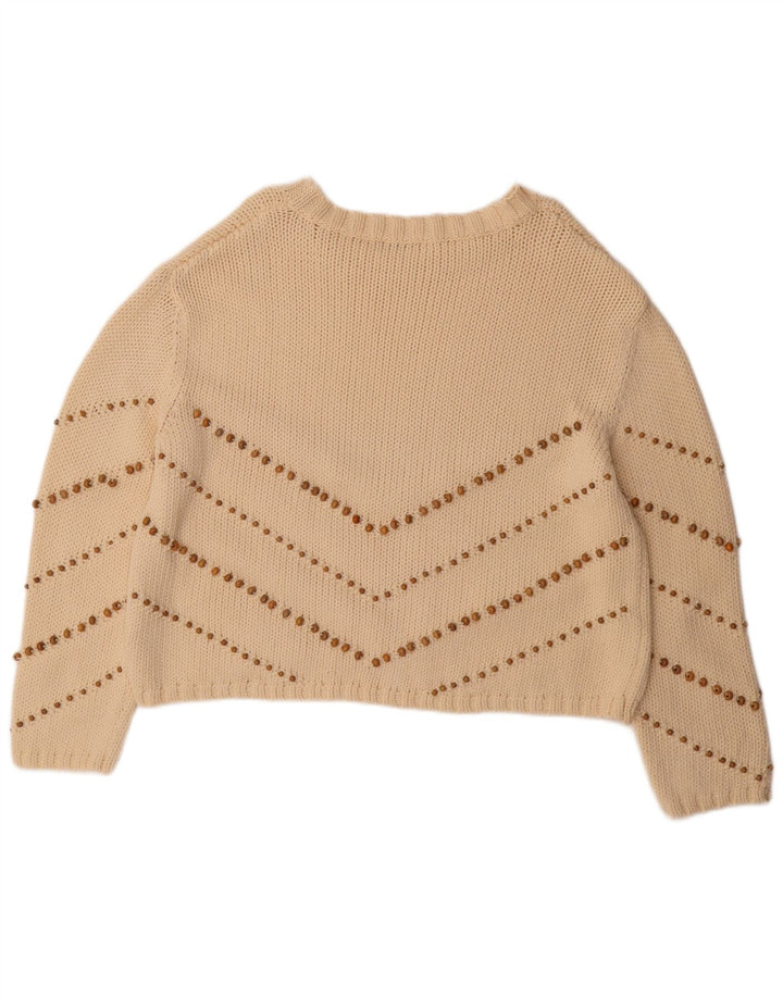 Zara Suéter feminino oversized com gola canoa Reino Unido 14 listrado bege médio