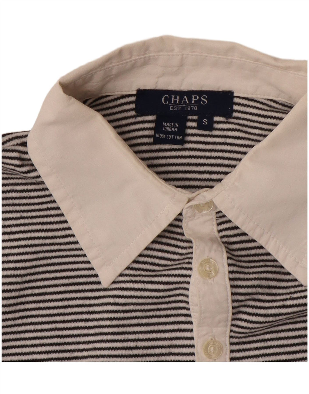 Camisa polo feminina de manga 3/4 da Chaps Reino Unido 10 pequena listrada preta de algodão