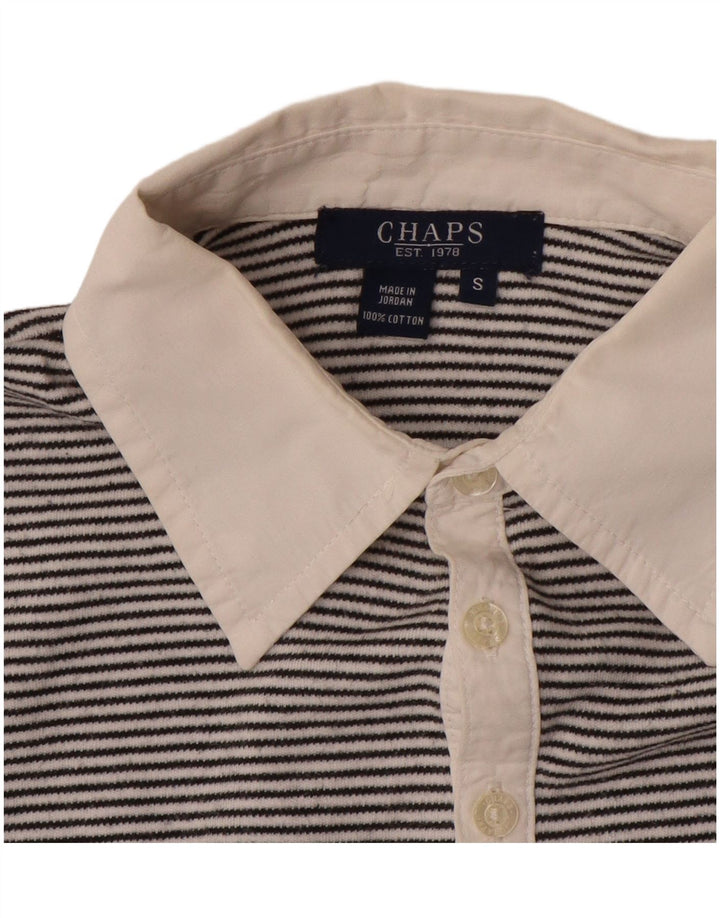 Camisa polo feminina de manga 3/4 da Chaps Reino Unido 10 pequena listrada preta de algodão