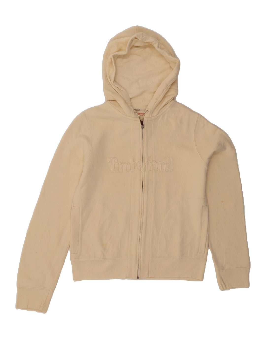 TIMBERLAND Womens Graphic Zip Hoodie Sweater UK 14 Large Beige Cotton Vintage Timberland and Second-Hand Timberland from Messina Hembry 