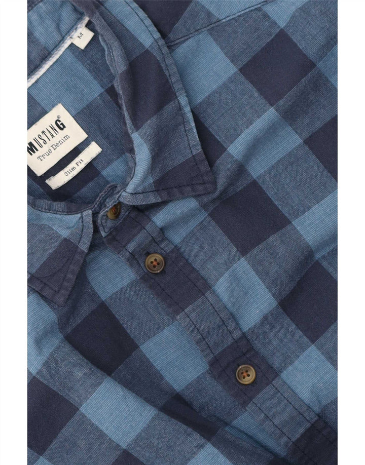 Camisa masculina Mustang de manga curta slim fit médio azul guingão