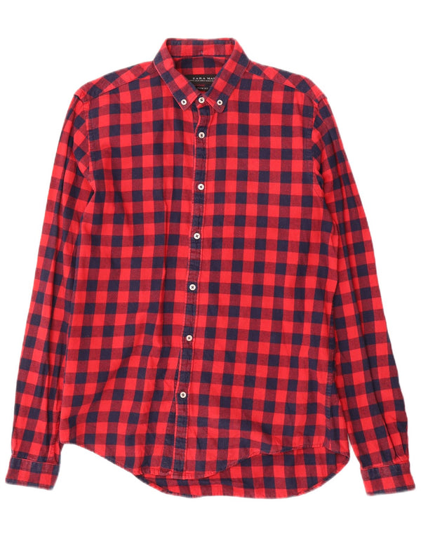 Zara Camisa masculina de flanela slim fit médio algodão guingão vermelho