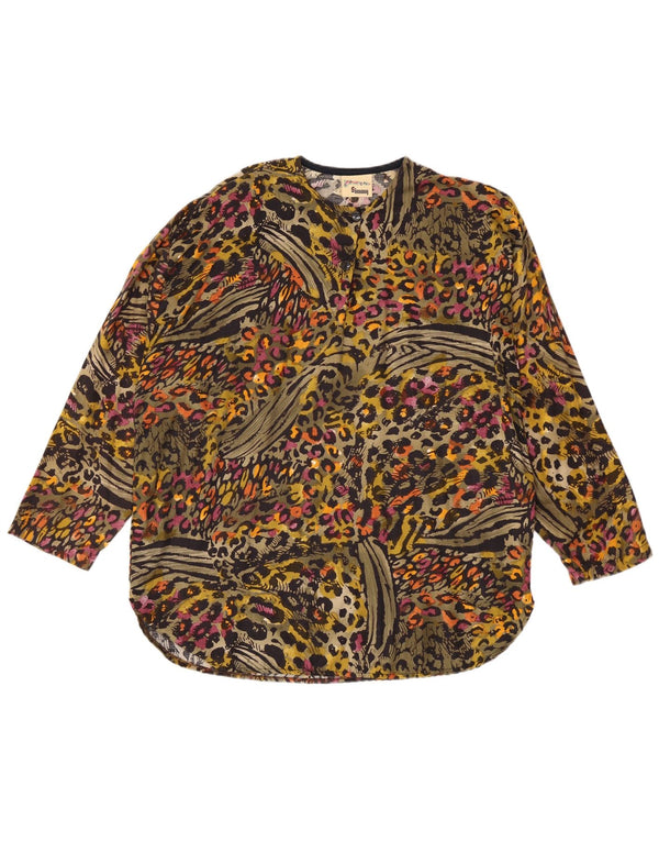 Top feminino vintage de manga comprida UK 20 2XL viscose com estampa animal multicolorida