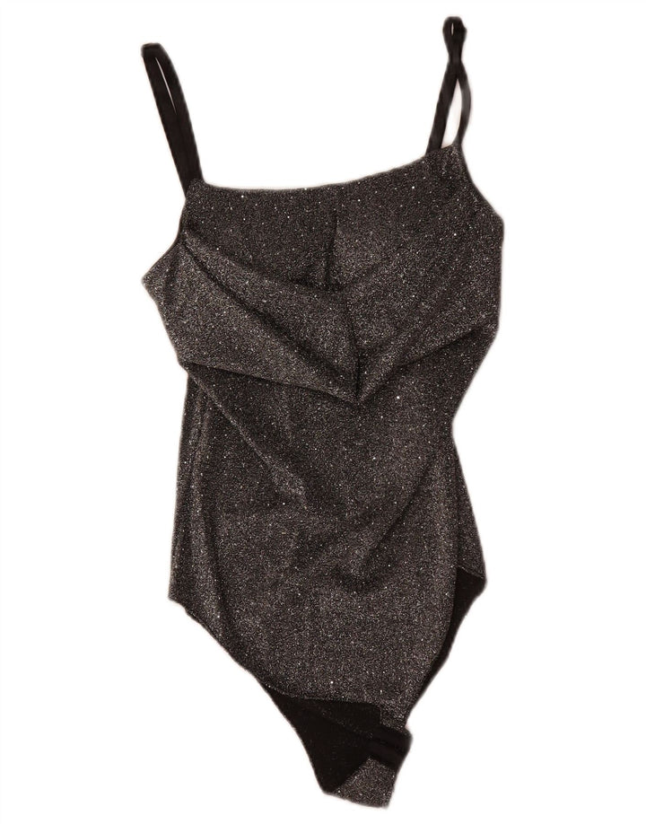 Bodysuit sem mangas feminino vintage Reino Unido 8 poliéster manchado preto pequeno