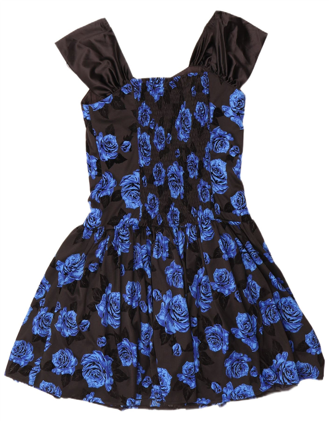 Vestido feminino VINTAGE sem mangas em linha A IT 42 poliéster floral azul médio
