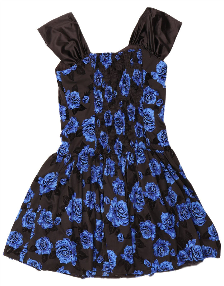 Vestido feminino VINTAGE sem mangas em linha A IT 42 poliéster floral azul médio
