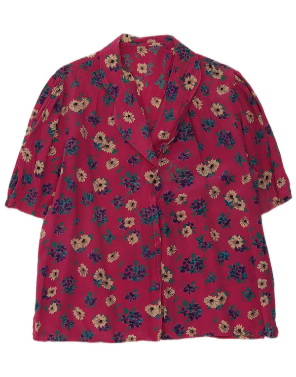 Blusa feminina vintage manga curta UK 18 XL rosa floral