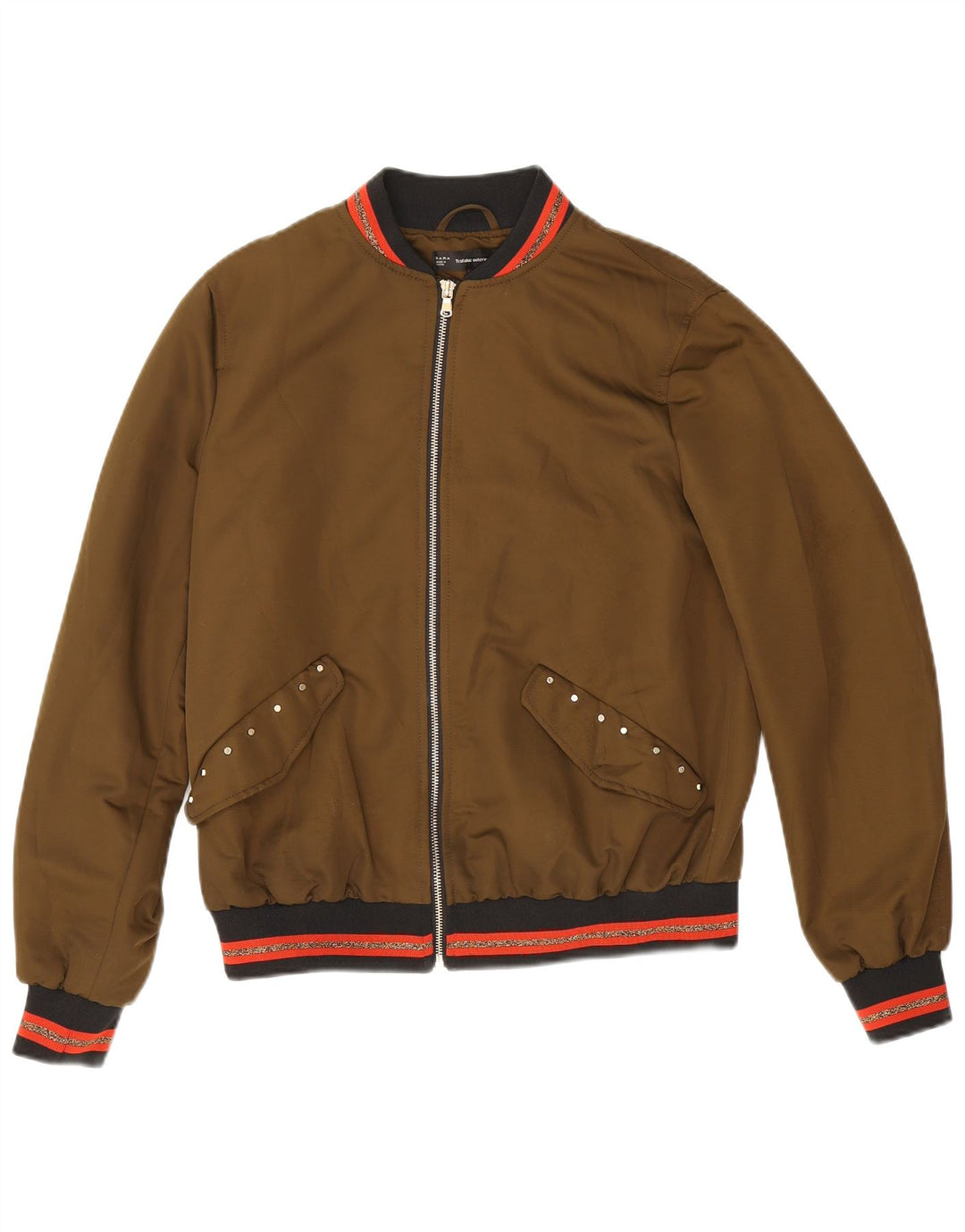 Zara Womens Graphic Bomber Jacket UK 14 Medium Khaki listrado