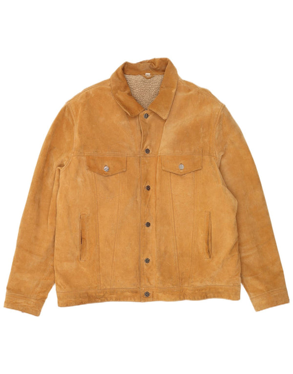 Jaqueta masculina vintage de camurça sherpa de ajuste solto EU 60 couro bege grande
