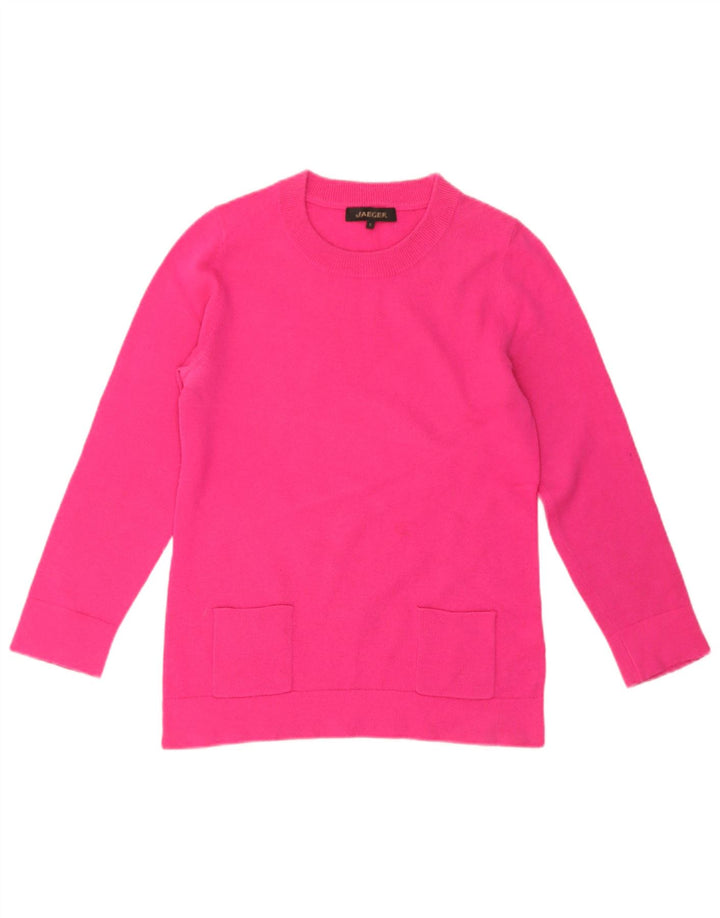 Suéter feminino Jaeger com gola redonda, Reino Unido, 10 lã rosa pequena