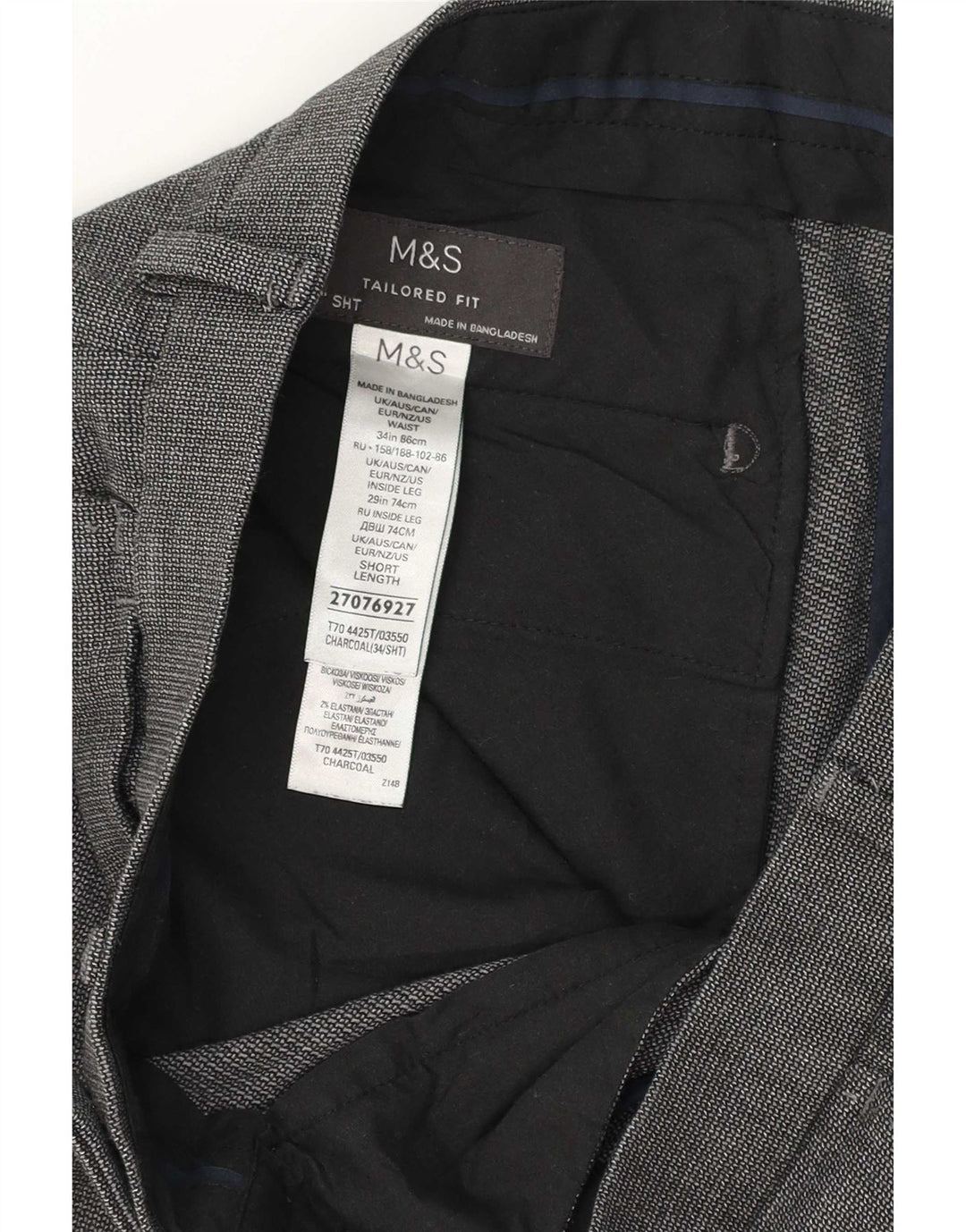Calça masculina Marks & Spencer sob medida W34 L28 poliéster cinza