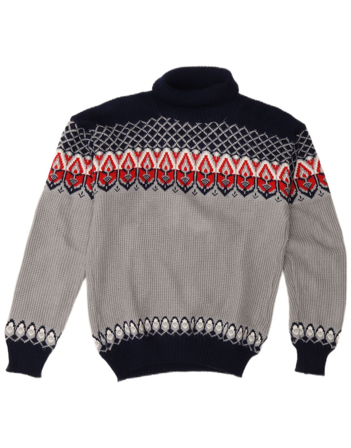 Suéter masculino vintage com gola redonda, azul médio, acrílico Fair Isle