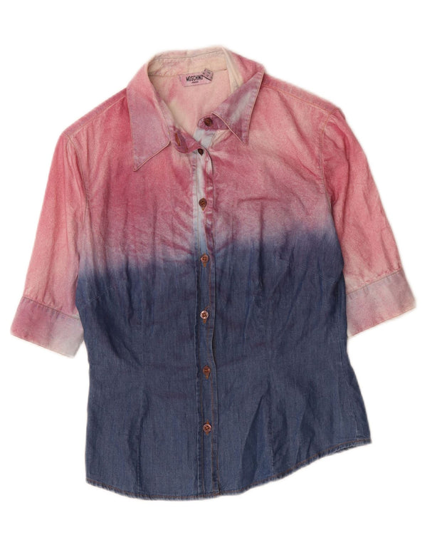 Camisa jeans feminina de manga curta MOSCHINO Reino Unido 12 bloco colorido rosa médio