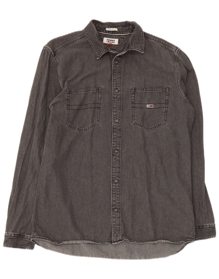 Camisa jeans masculina Tommy Hilfiger Regular Fit grande algodão cinza