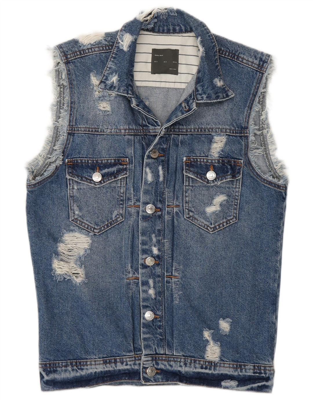 Zara Mens Distressed Denim Gilet UK 36 Pequeno Azul Algodão