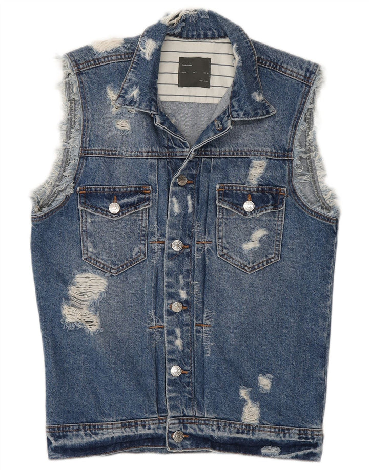 Zara Mens Distressed Denim Gilet UK 36 Pequeno Azul Algodão