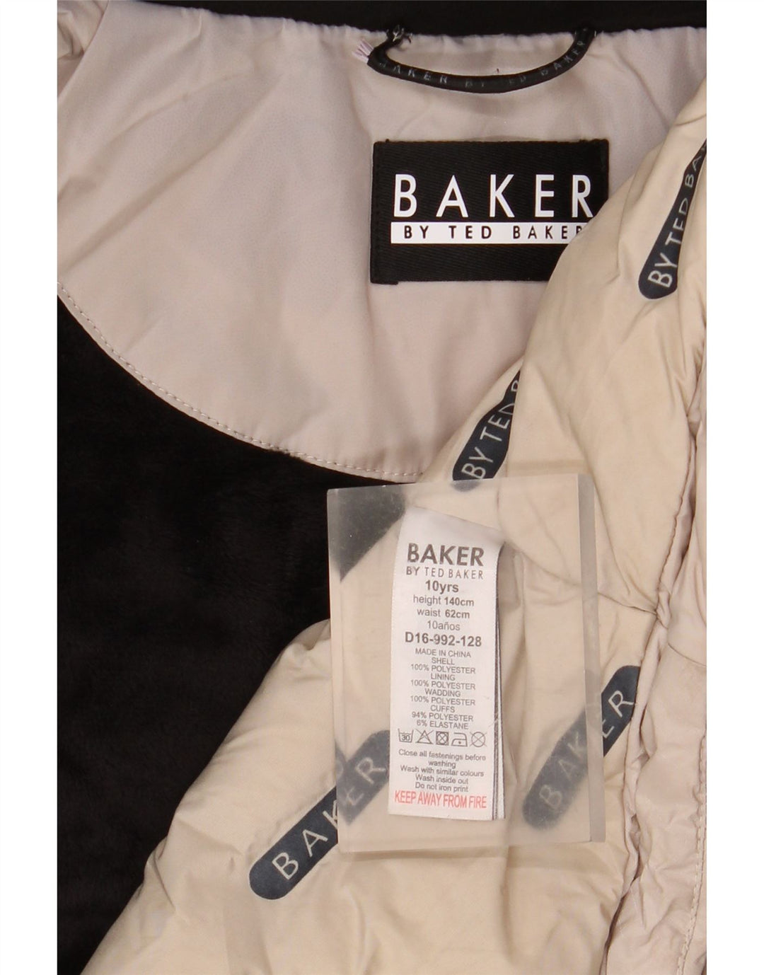 Casaco acolchoado com capuz gráfico para meninas Ted Baker 9-10 anos poliéster bege